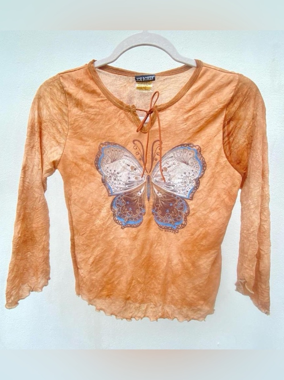 Y2K Joe Boxer Tan Butterfly Graphic Tie Front Micro Mesh Fairy Blouse Size Small